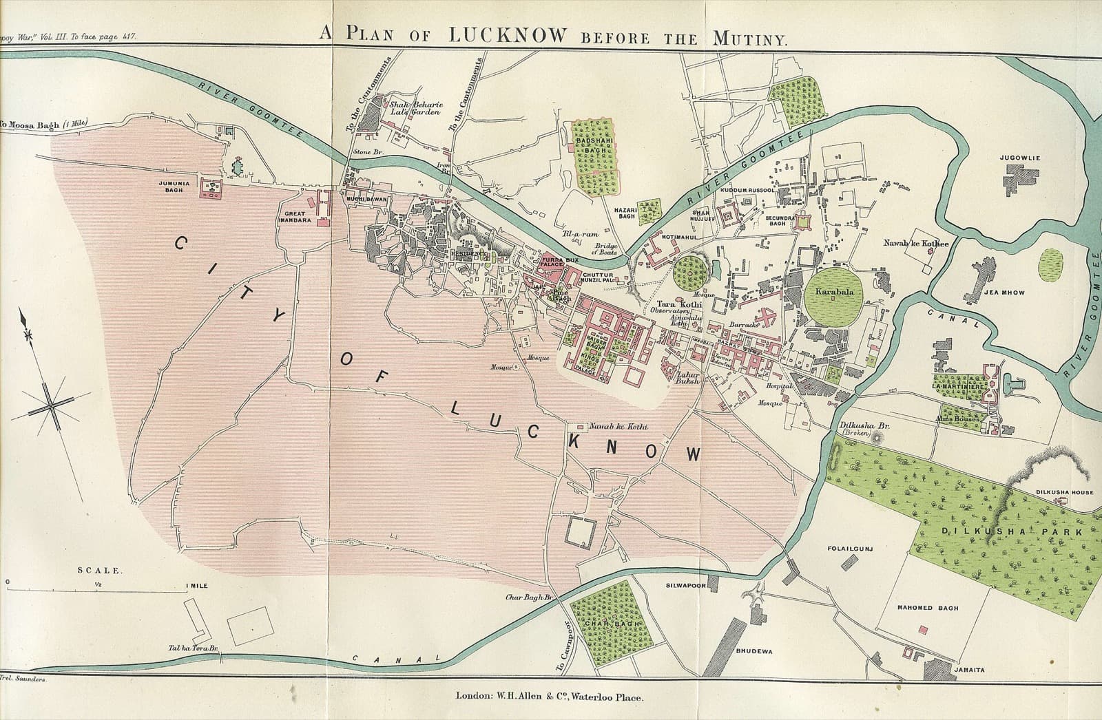 A printed plan of Lucknow showing the river Gomti curving past the old city